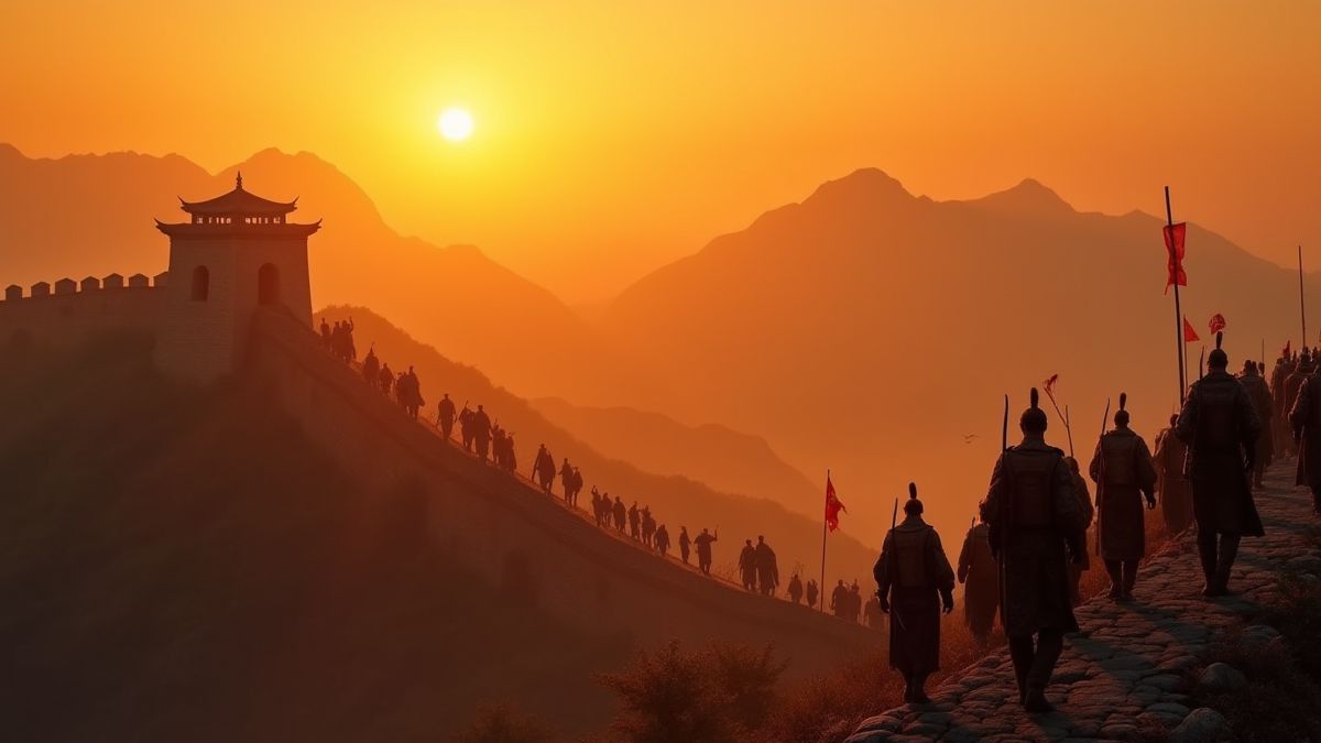 Guerreros chinos marchando cerca de la Gran Muralla al atardecer.