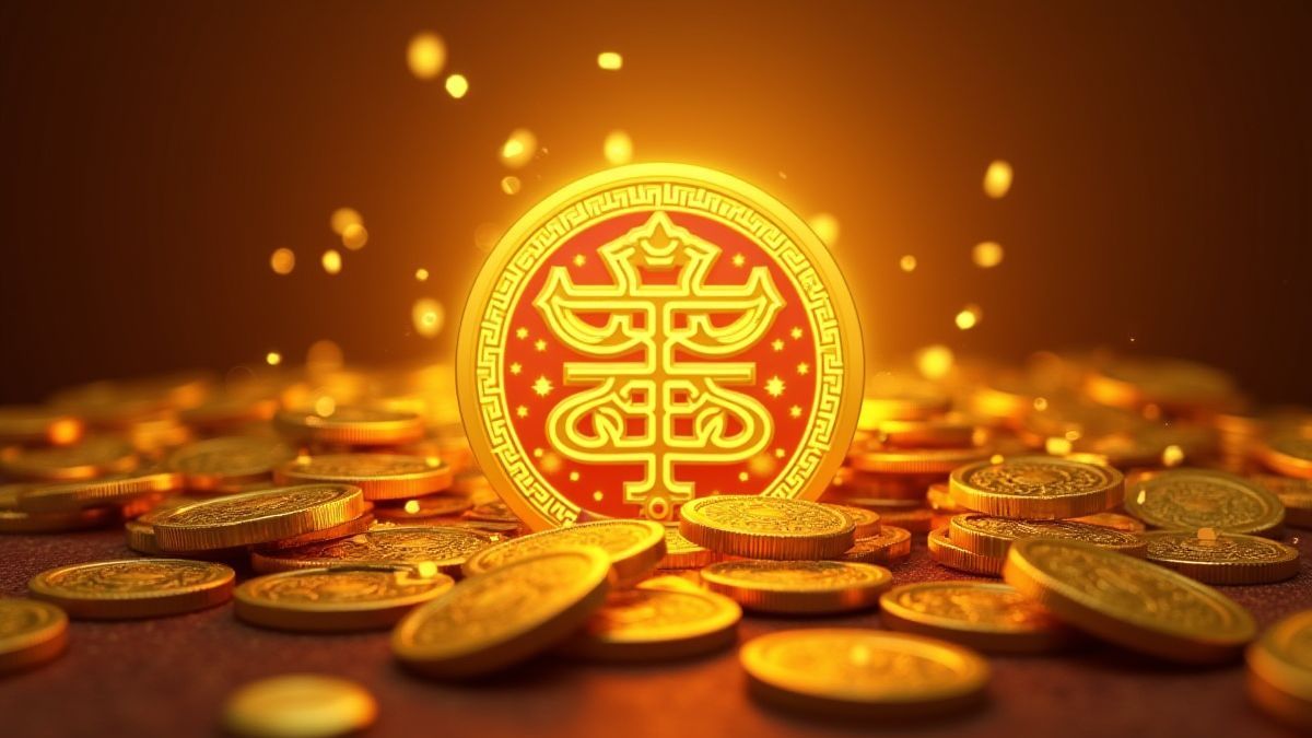 Monedas y tesoros dorados con un símbolo de emperador brillante.