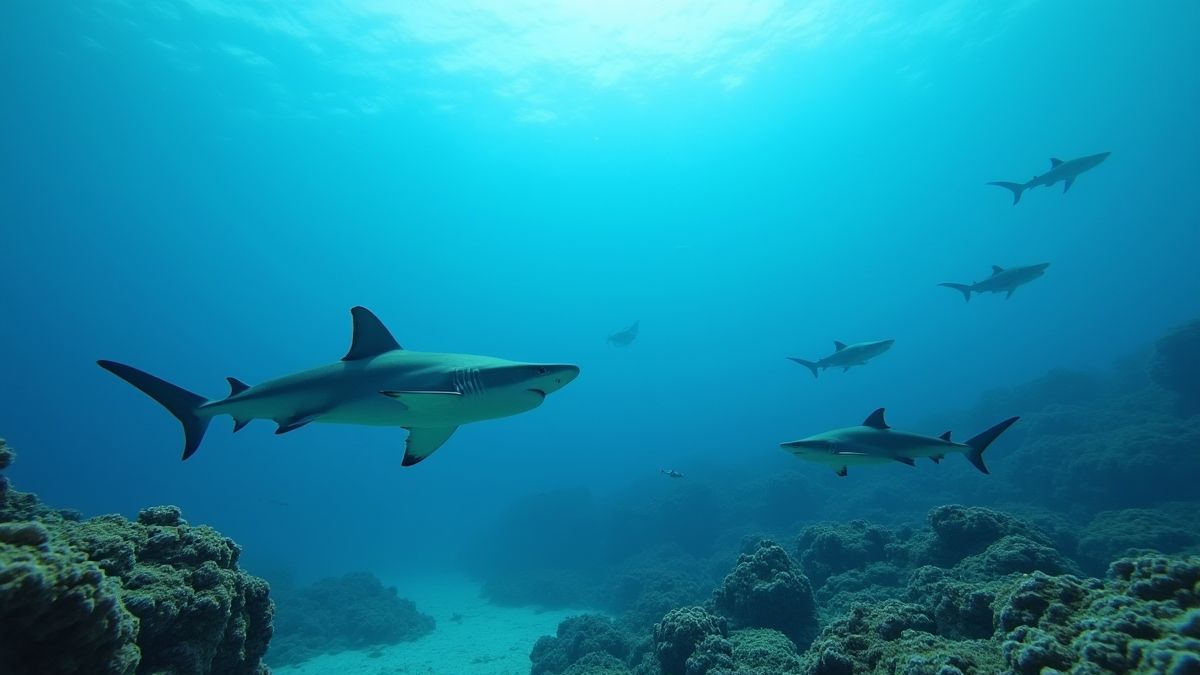 Tubarões nadando perto de recifes de coral.
