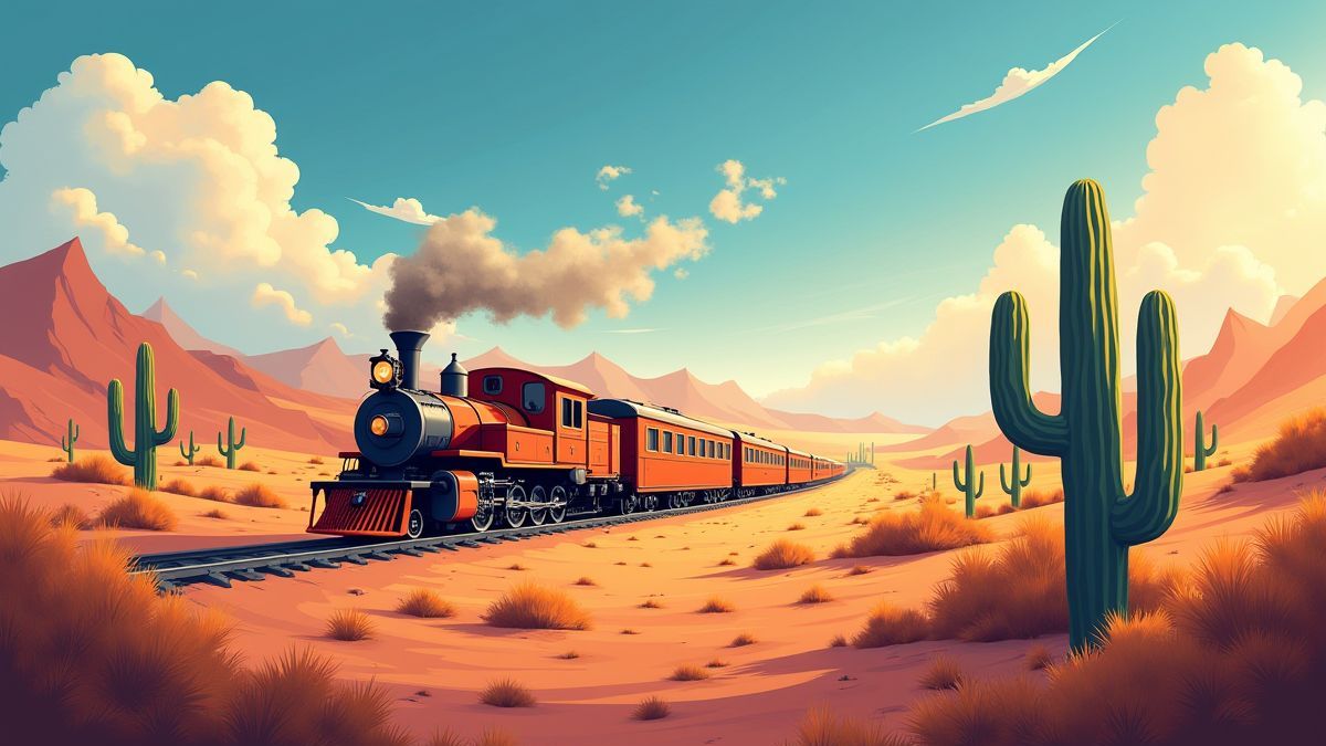 Paysage désertique avec un train à vapeur en mouvement et des cactus.