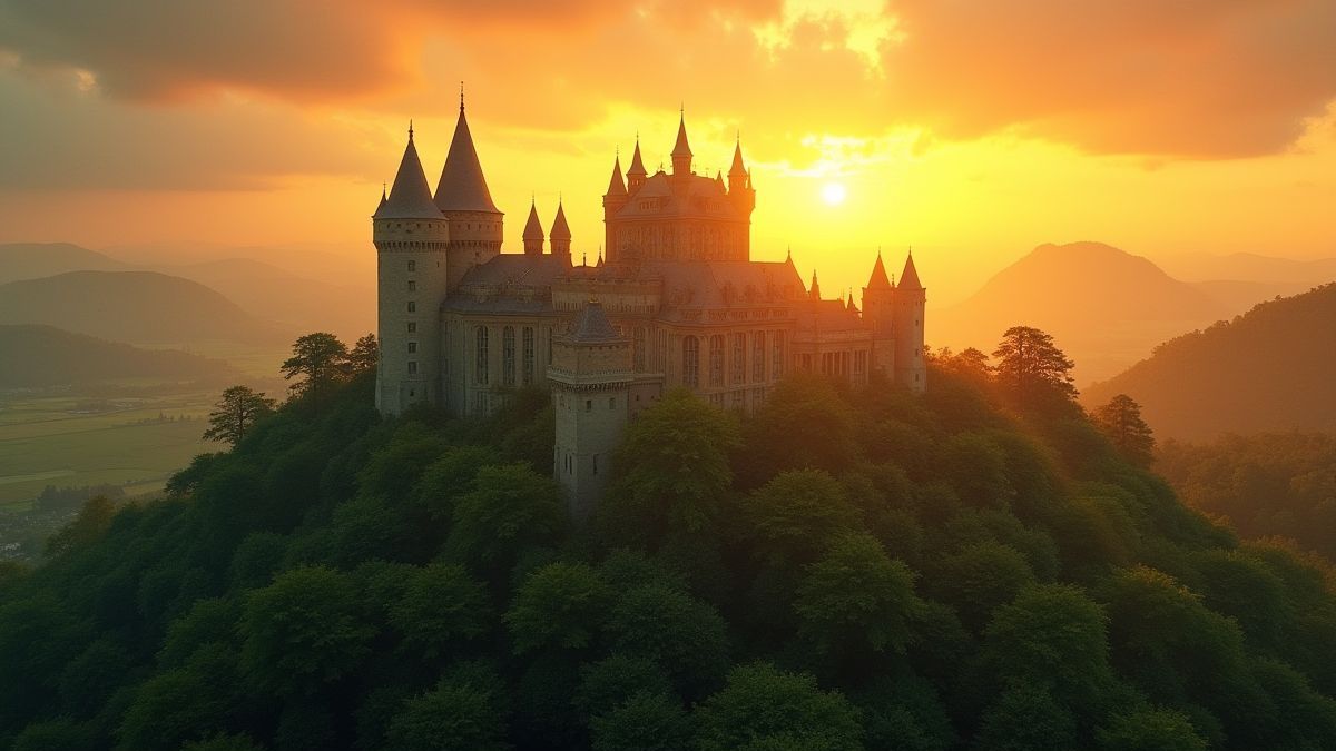 A medieval castle surrounded by greenery under a golden sunset.