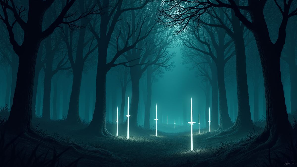 Medieval forest with glowing swords embedded in the ground.