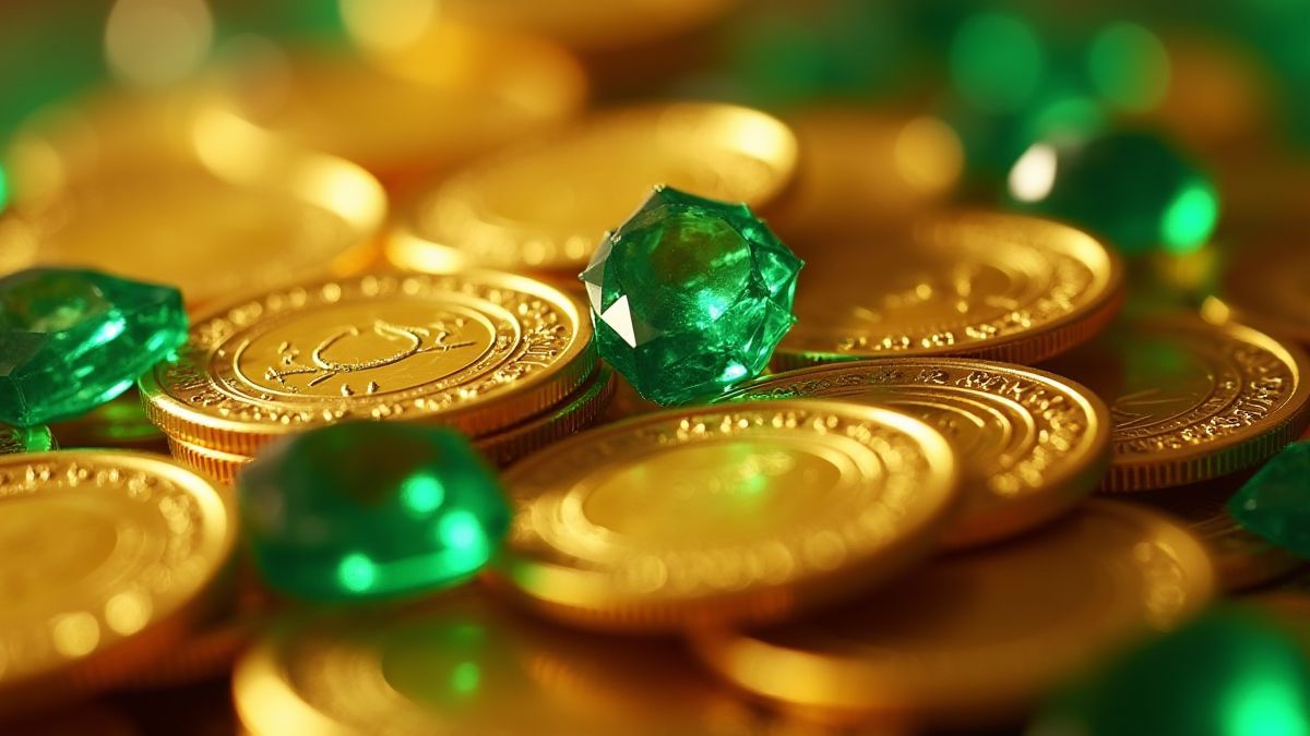 Gouden munten met sprankelende smaragden.
