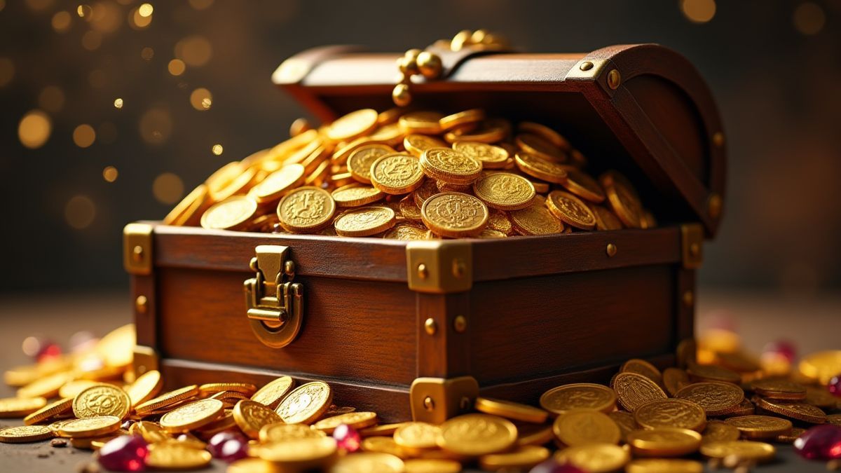 Een schatkist vol met gouden munten en edelstenen.