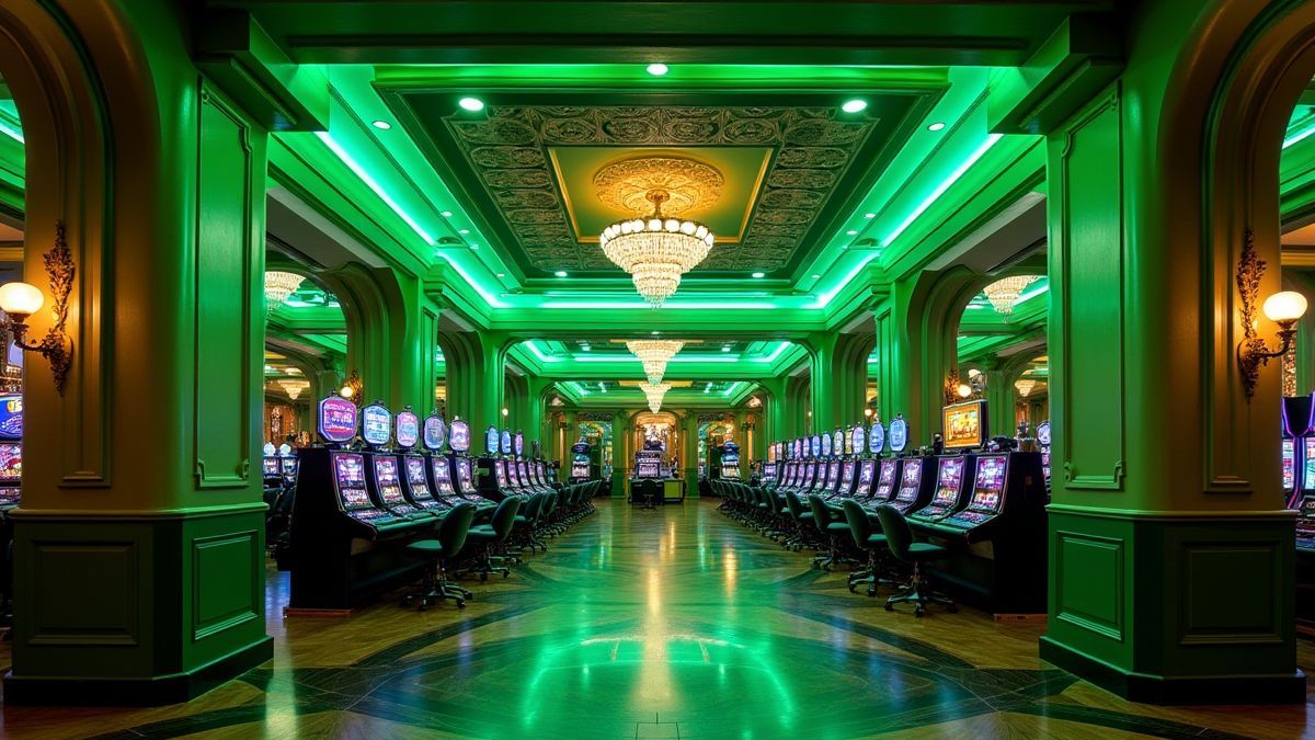 Een elegante casinozaal met groene verlichting.