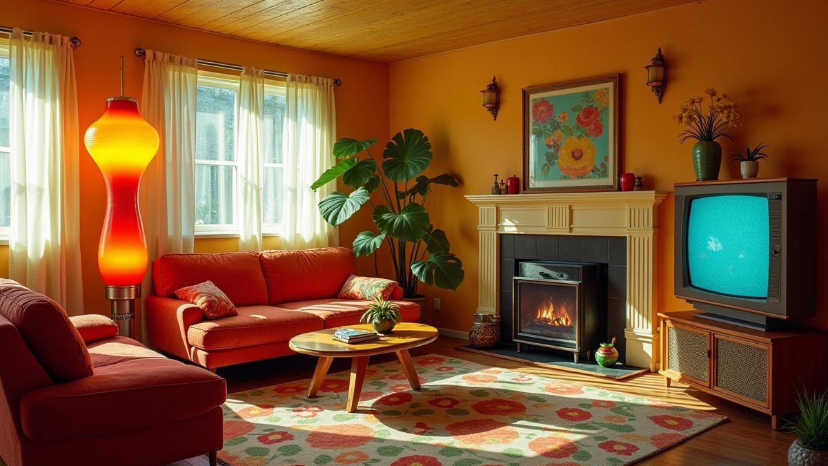 Retro woonkamer met lava lamp en bloemenontwerp uit de jaren '60.
