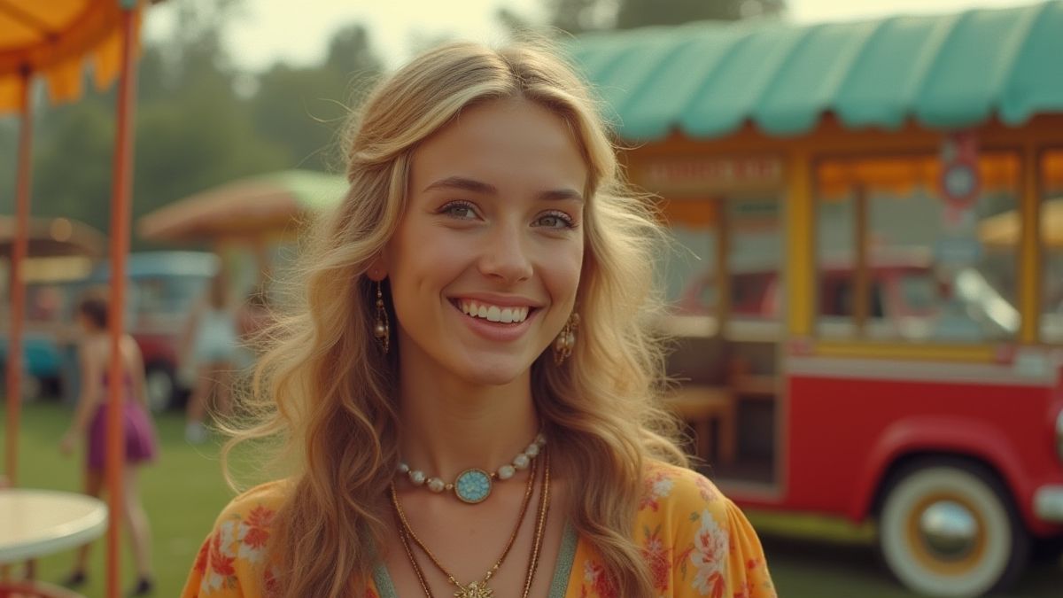 Glimlachend hippie meisje in een kleurrijke jaren '60 omgeving.