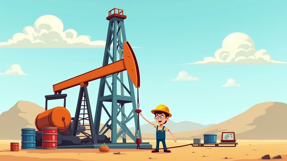 Animation einer Ölplattform mit Fässern und animierten Arbeitern.