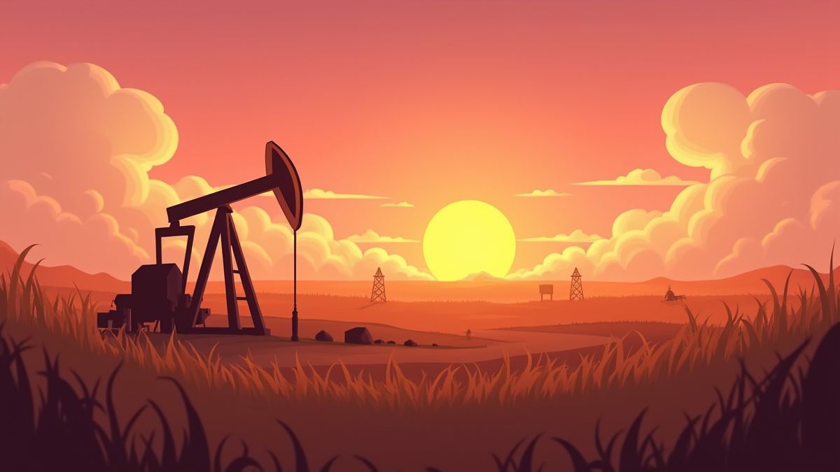 Animiertes Ölfeld bei Sonnenuntergang mit cartoonartigen Details.