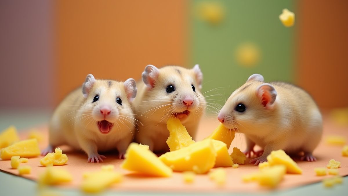 Familia de hámsters disfrutando de queso y jugando.