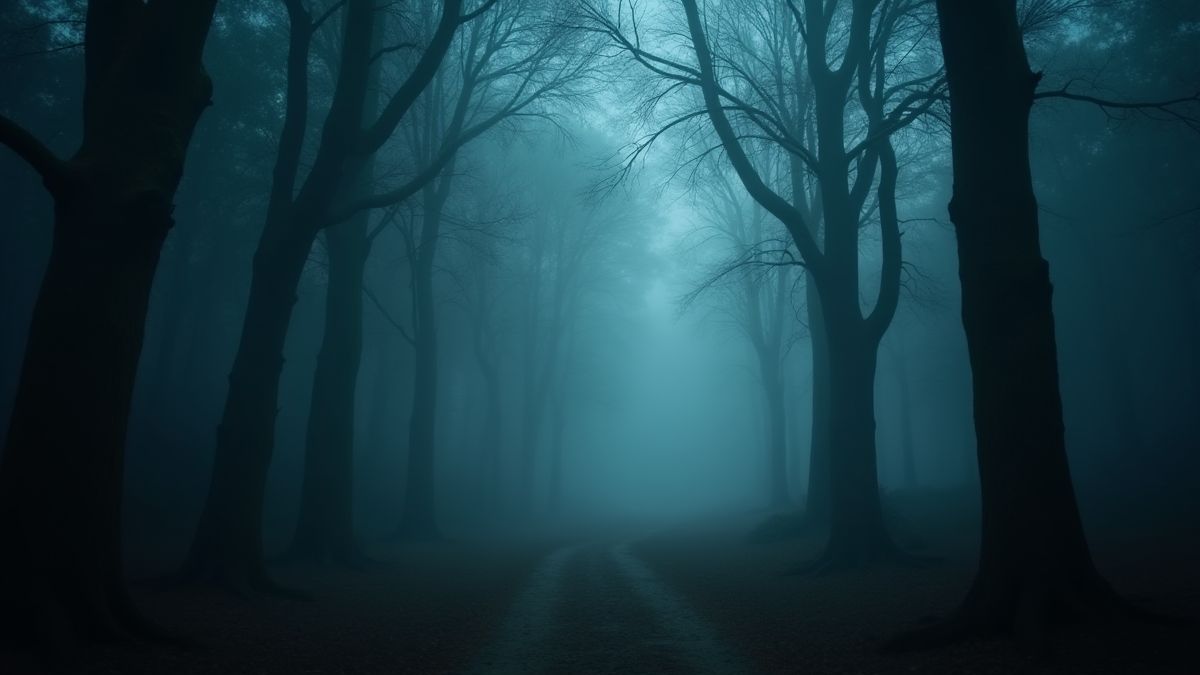 Un bosque embrujado con niebla y luces tenebrosas.