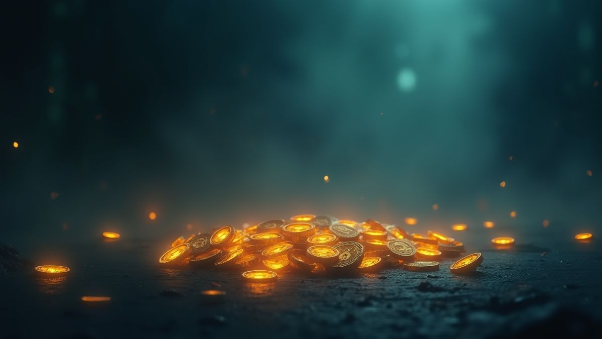 Monedas brillantes flotando en un ambiente misterioso.