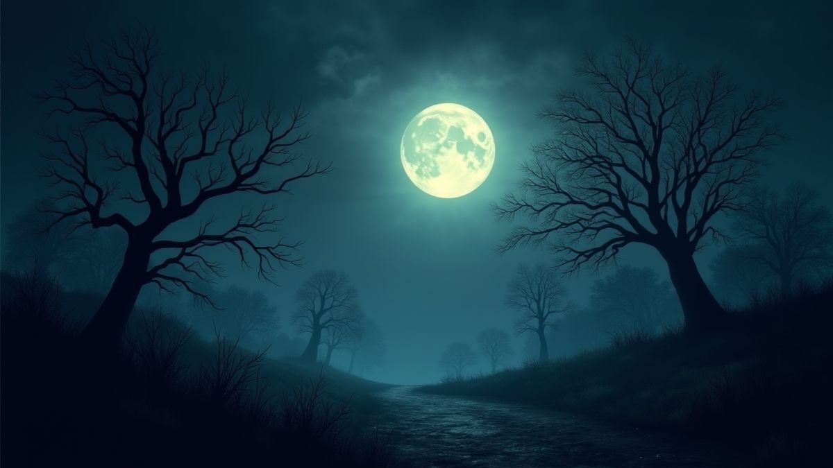 Paisaje oscuro con una luna llena brillante y árboles sombríos.