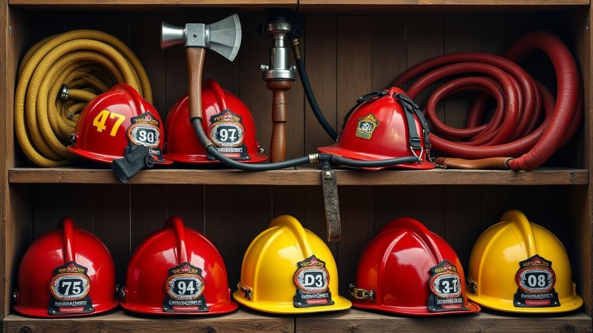 Firefighting equipment such as hoses, axes, and helmets.