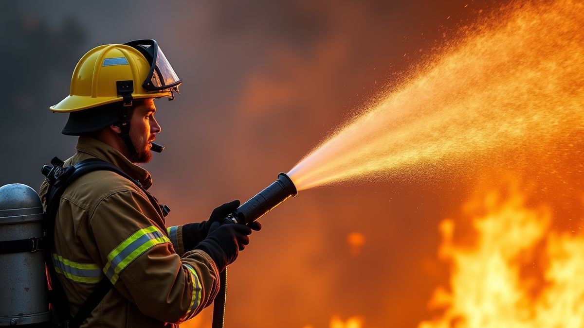 Firefighter using a hose to put out a fire.
