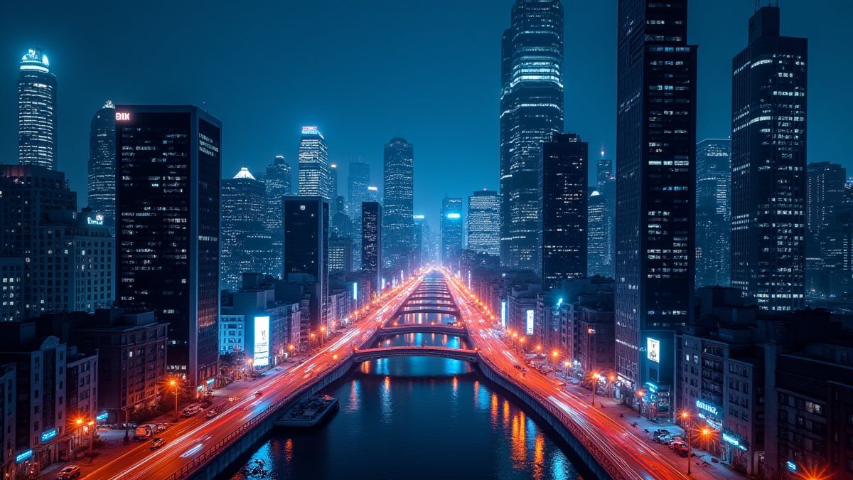 A nighttime city filled with lights and activity.