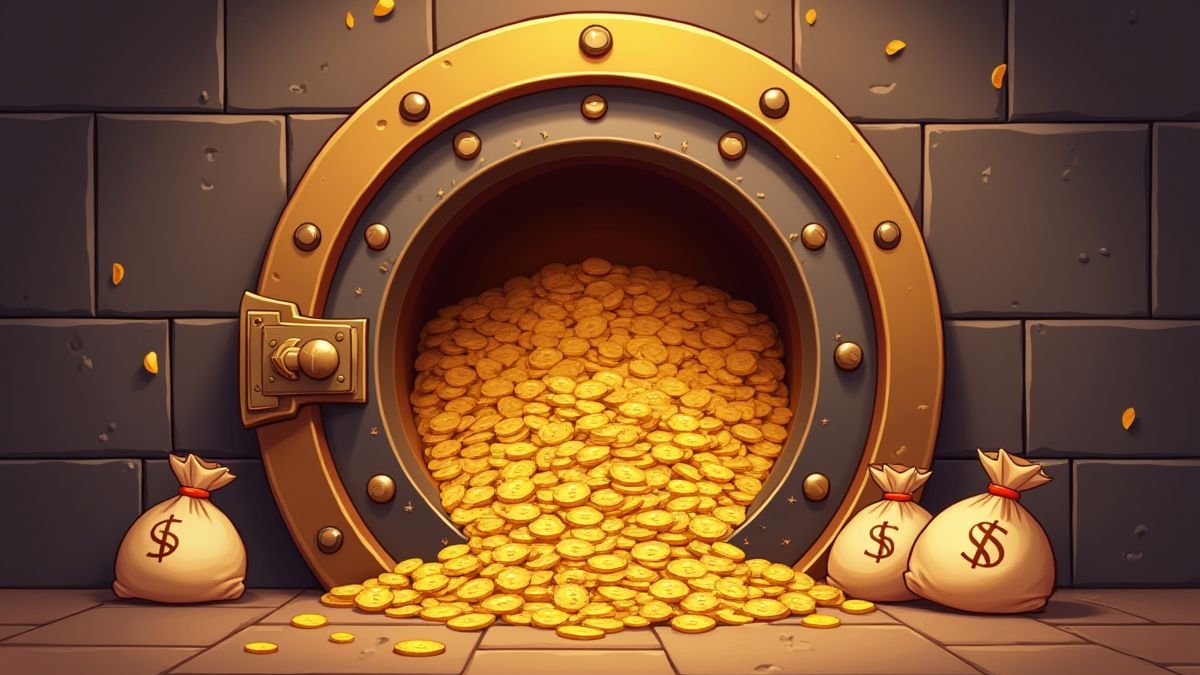 A comic-style vault filled with gold and money bags.