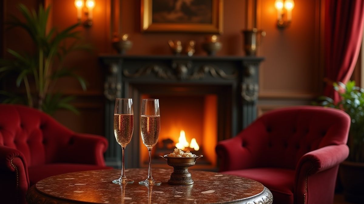 Interior de una mansión con chimenea, copas de champán y muebles de terciopelo.