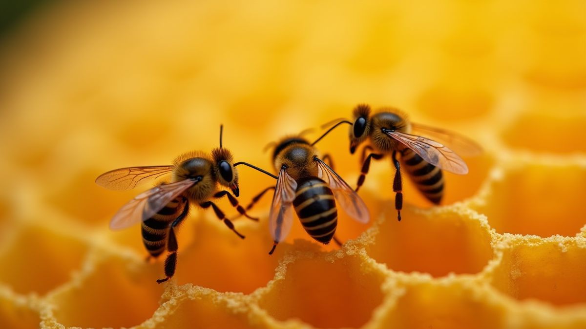 Trois abeilles dans une cellule hexagonale avec des rôles différents