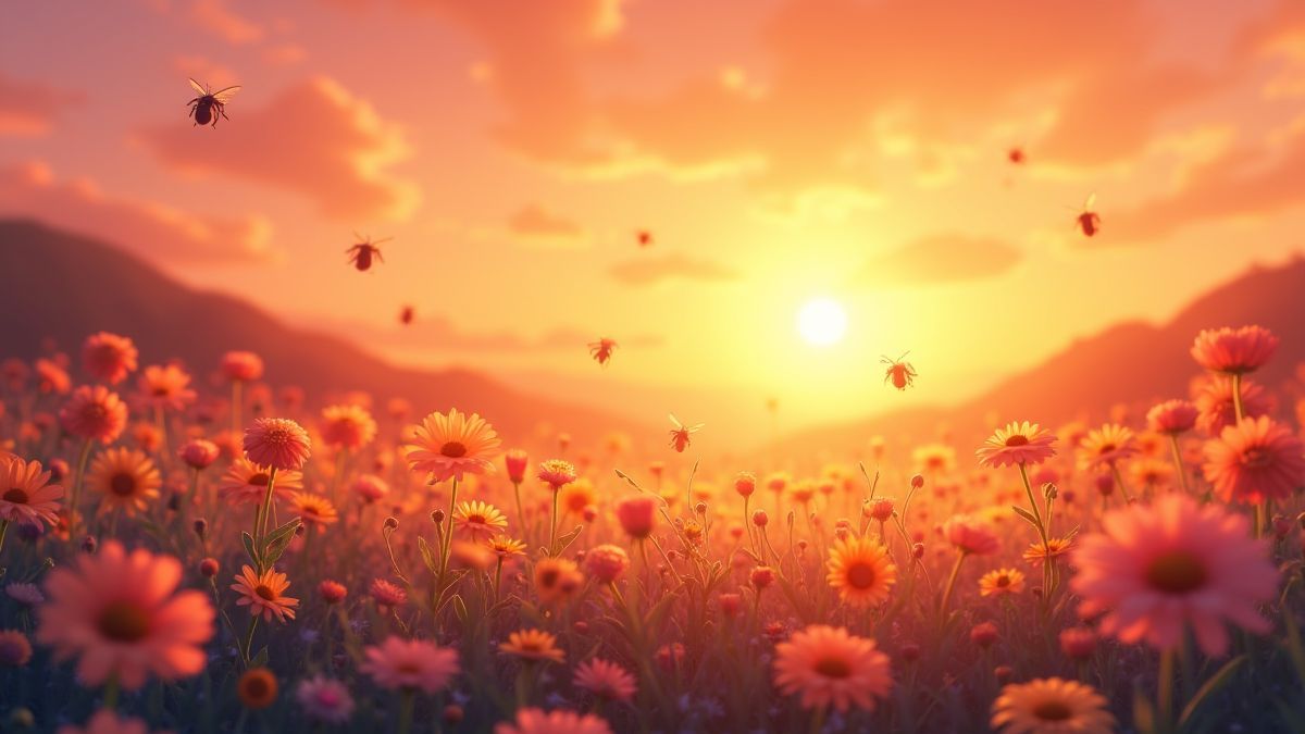 Un champ rempli de fleurs au coucher du soleil avec des abeilles
