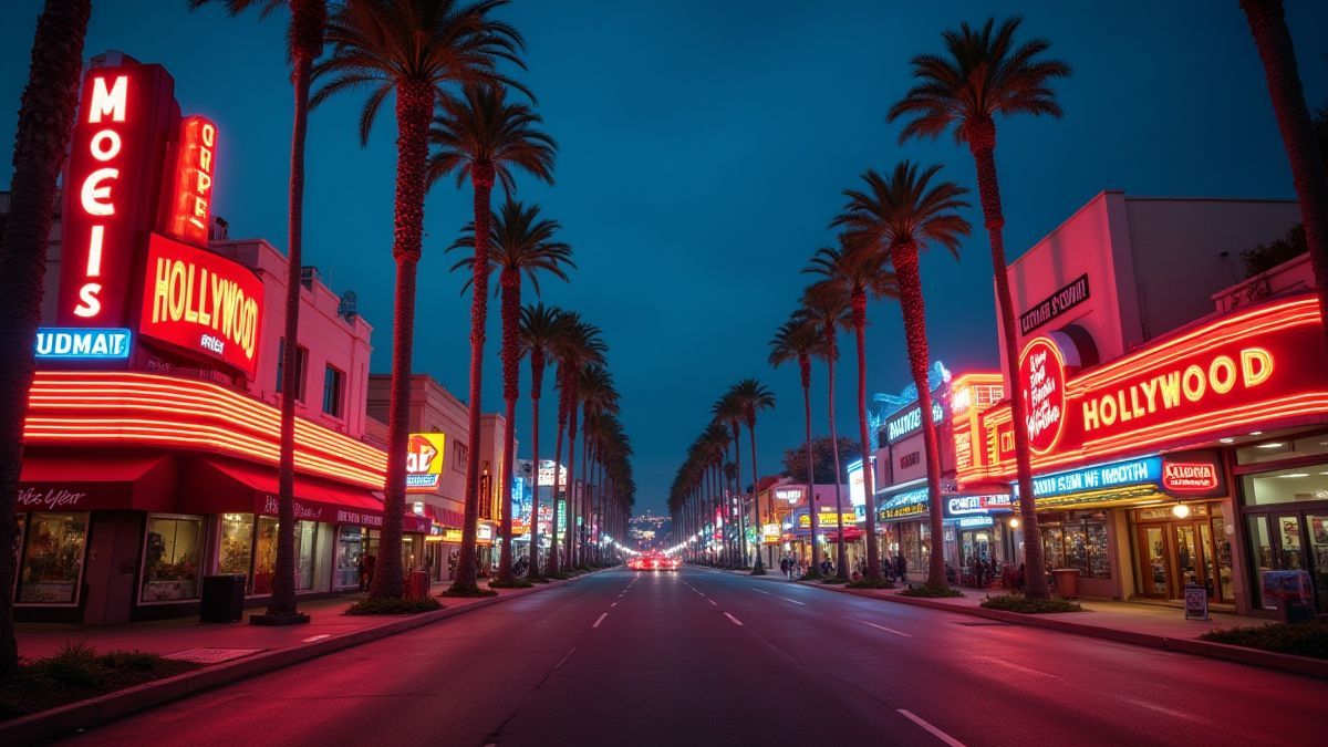 Retro Hollywood Boulevard mit Neonlichtern und Palmen.