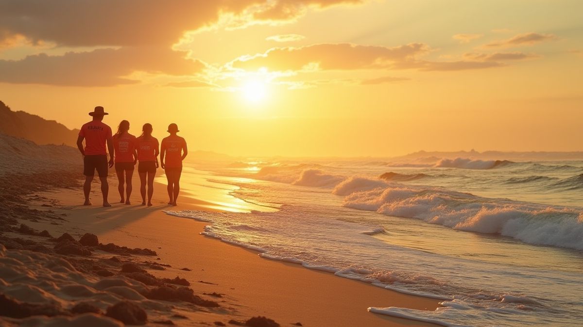 Strandszene mit Rettungsschwimmern und goldenem Sonnenuntergang.