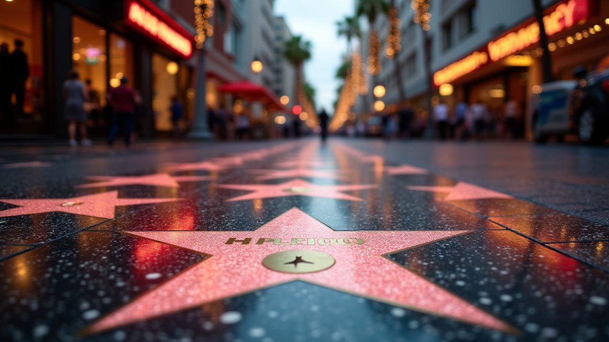 Szene vom Hollywood Walk of Fame mit glamourösem Hintergrund.