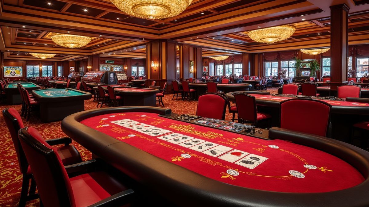 Casino floor with poker tables and luxurious decor