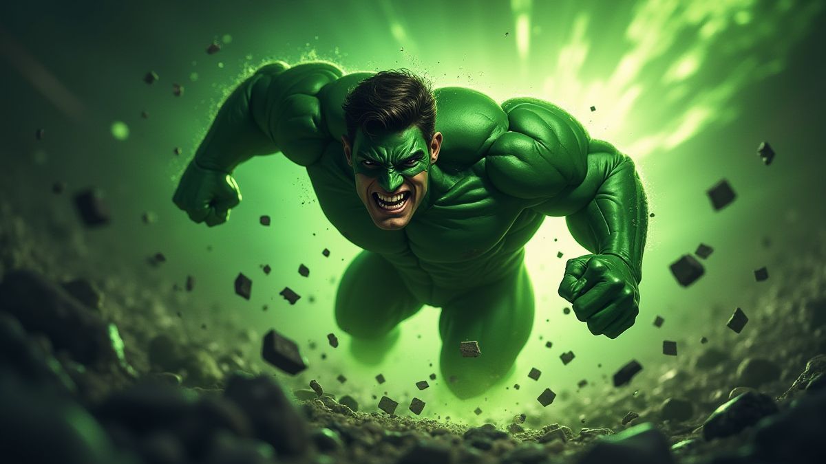 Hulk die door een muur breekt met glinsterende Scatter-symbolen eromheen.