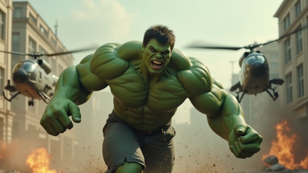 Hulk die helicopters vernietigt in een stad.