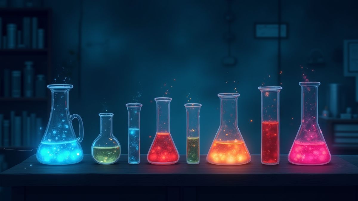 Dark laboratory with test tubes and glowing liquids.
