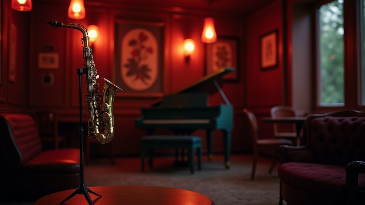 Innenraum eines Jazzclubs mit einem Saxophon und einem Klavier.