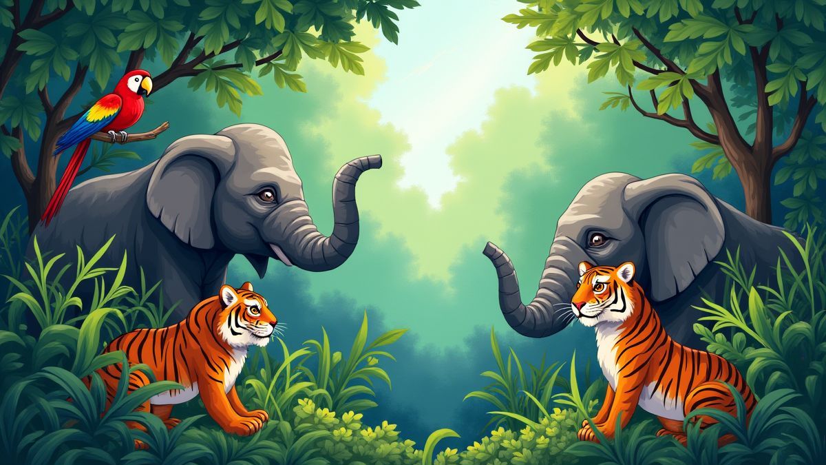 Een geanimeerde illustratie van exotische dieren in een levendige jungle.