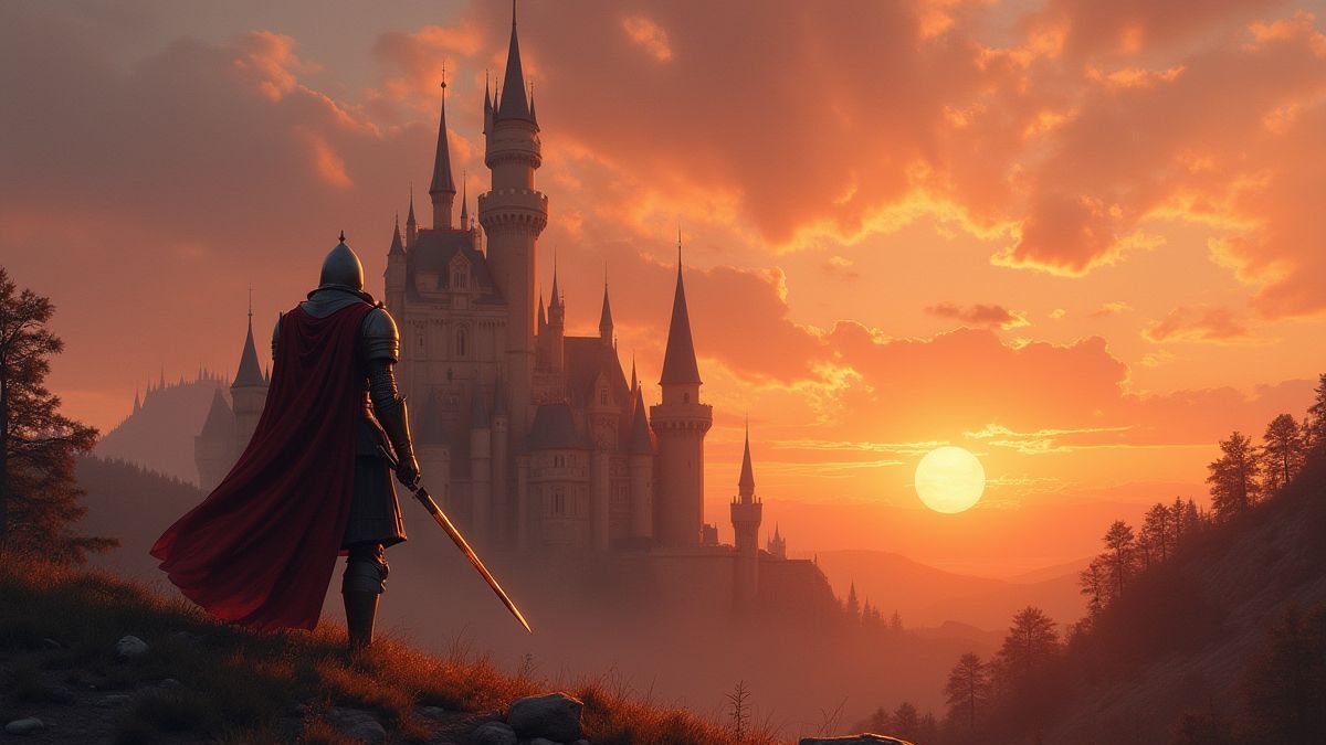 A knight in front of a castle at sunset.