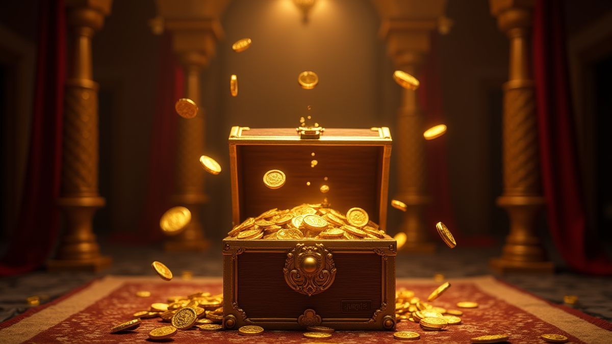 Golden coins spilling out of a treasure chest in a royal room.