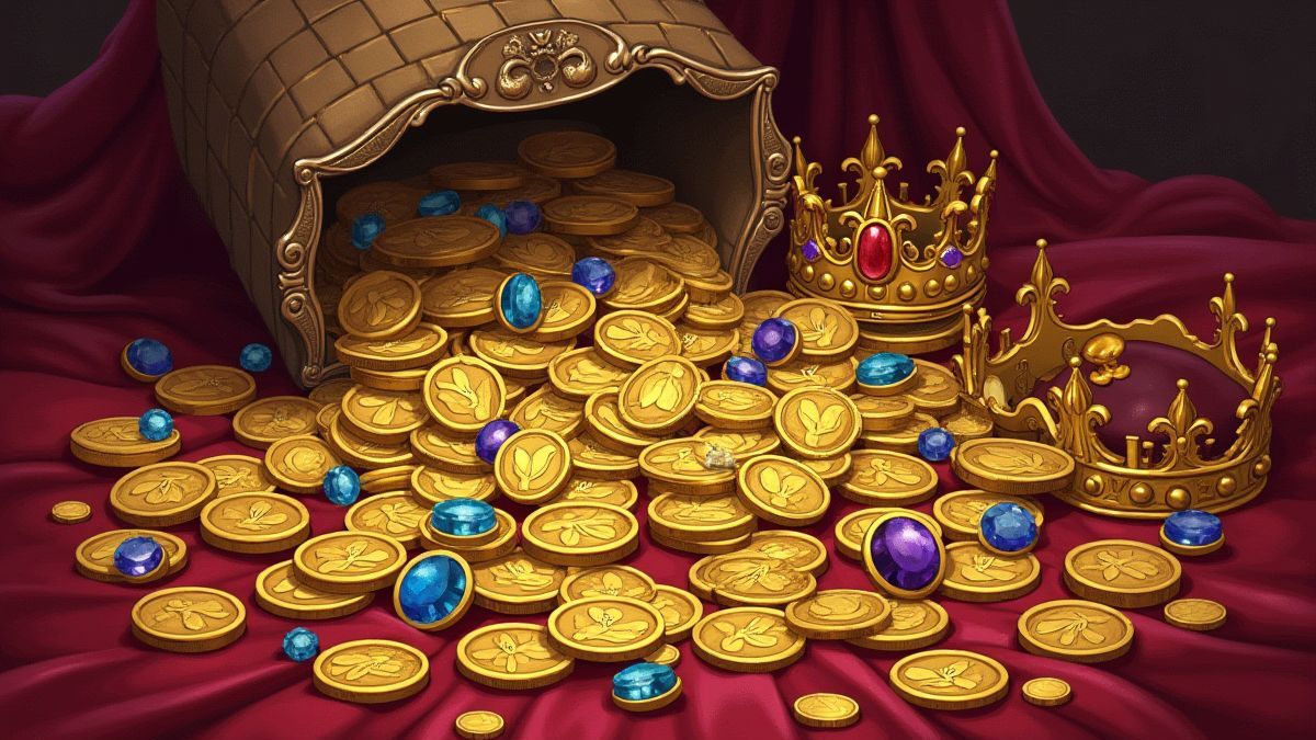 Tesoros medievales, incluyendo monedas de oro y una corona.