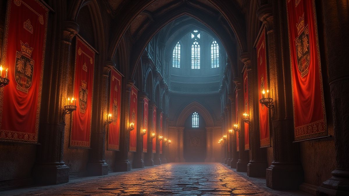 Interior de un castillo medieval con luces brillantes y banderas reales.