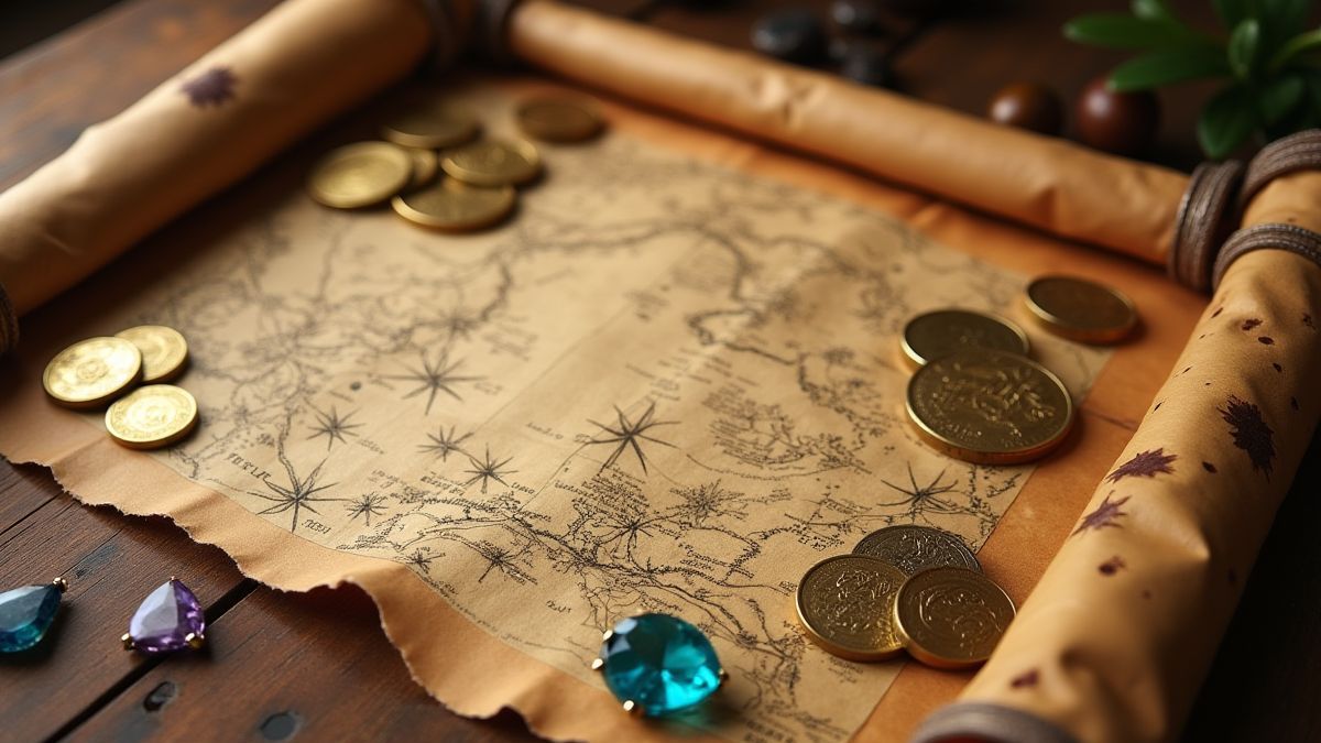 Mapa del tesoro con monedas y joyas sobre una mesa de madera.