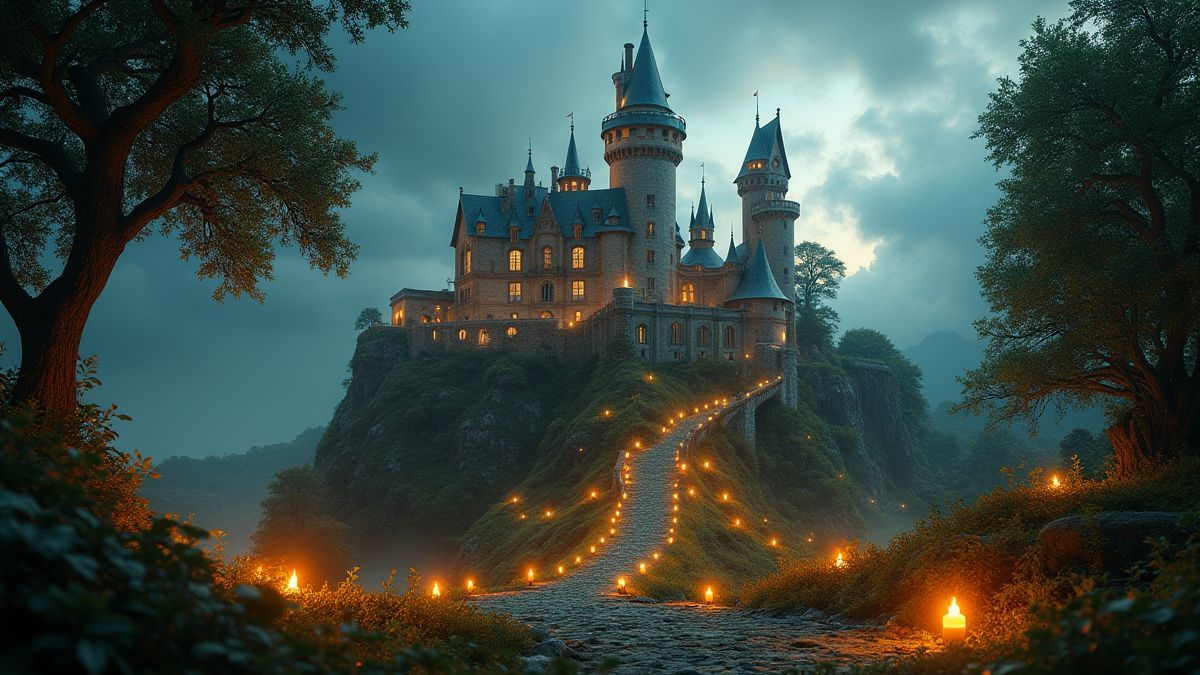 Castillo medieval rodeado de tesoros y vegetación.