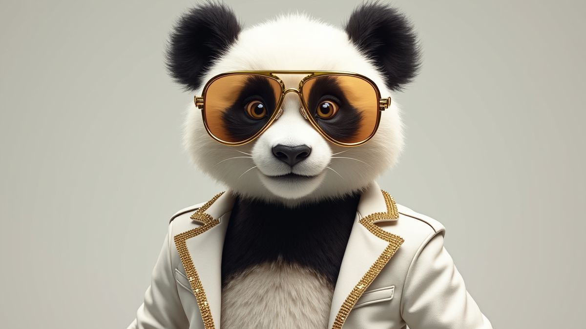 Panda mit goldenen Sonnenbrillen und weißem Elvis-Overall.