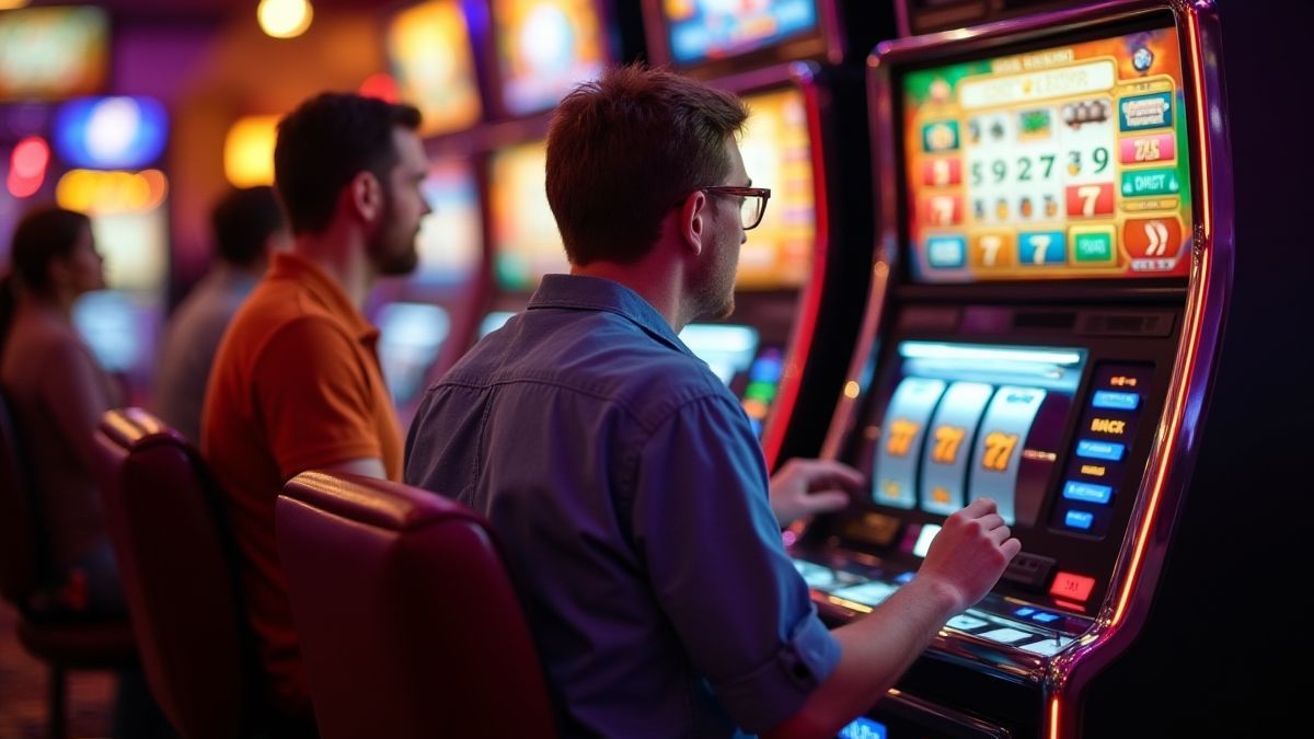 Spieler genießen klassische Spielautomaten in einem Casino.