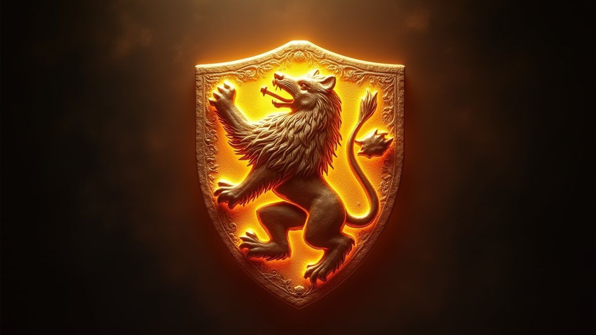 Emblema de león medieval con luz dorada.