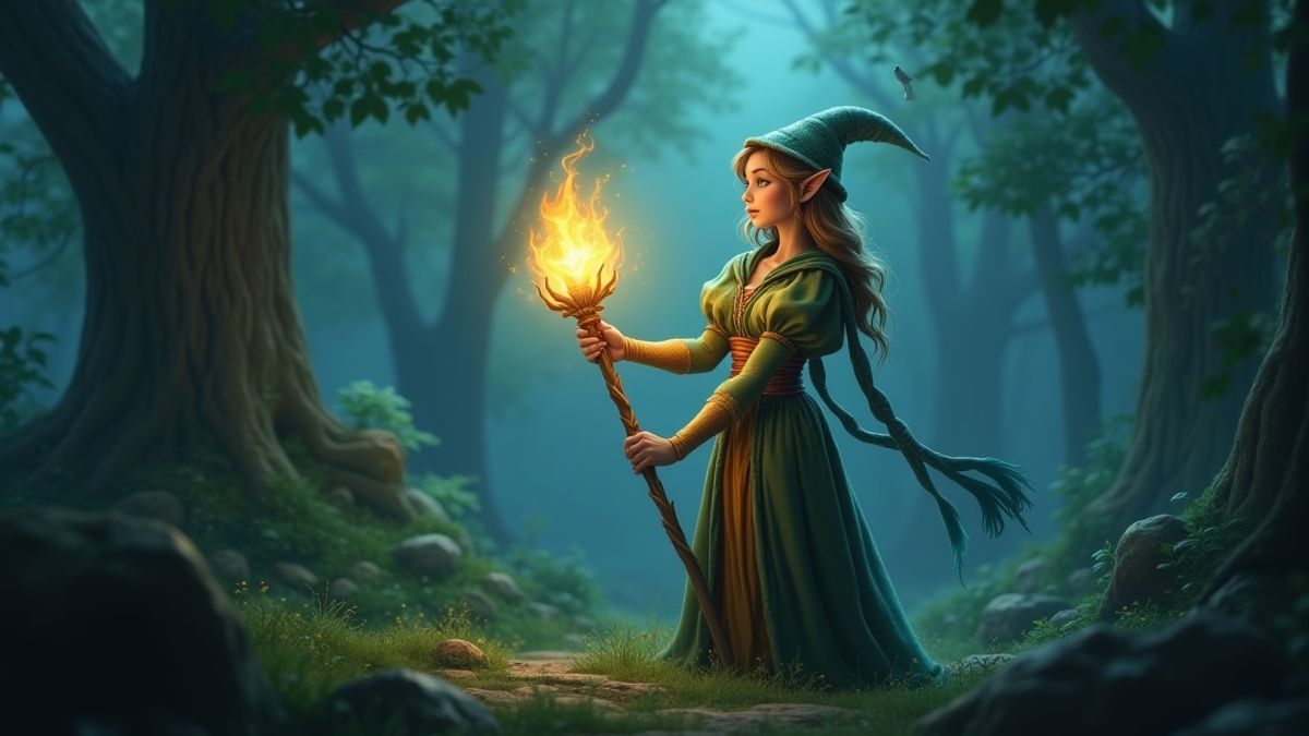 Un elfo mágico con un bastón brillante en un bosque encantado.