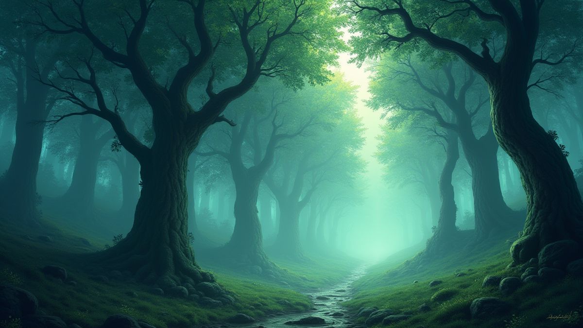 Bosque celta com névoa e elementos mágicos.