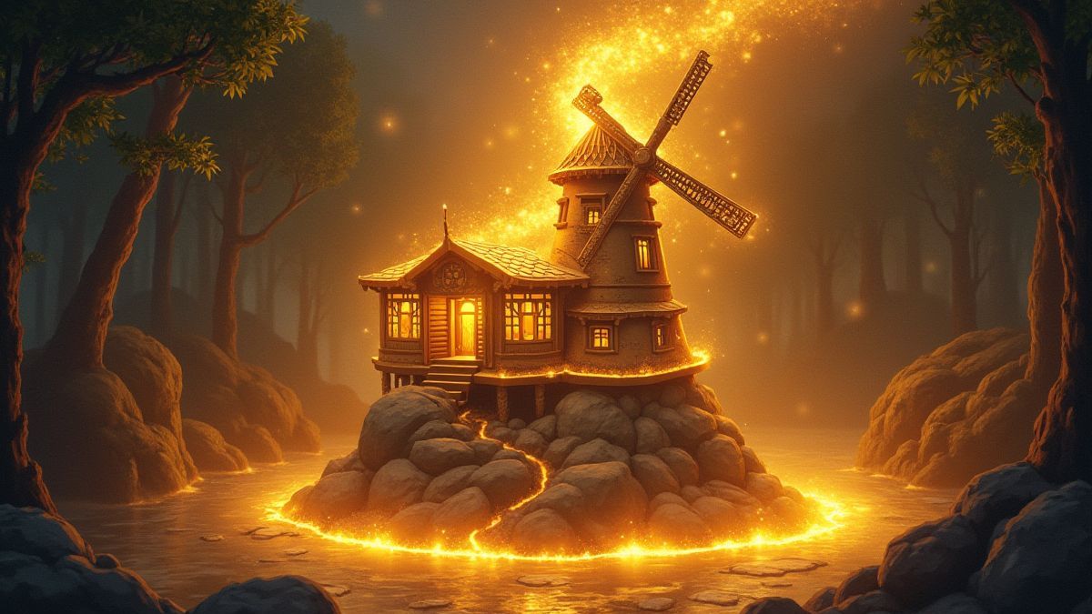 Molino mágico dourado rodeado de luz.