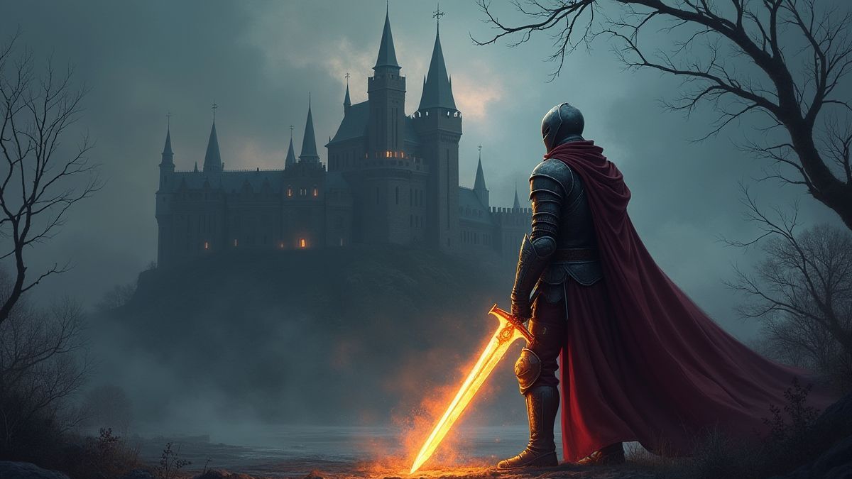 Cavaleiro medieval frente a um castelo com uma espada brilhante