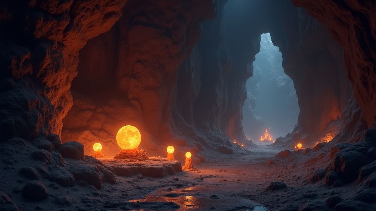 Artefatos antigos brilhando em uma caverna mística