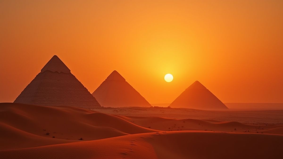 Un desierto egipcio con pirámides iluminadas por el atardecer.