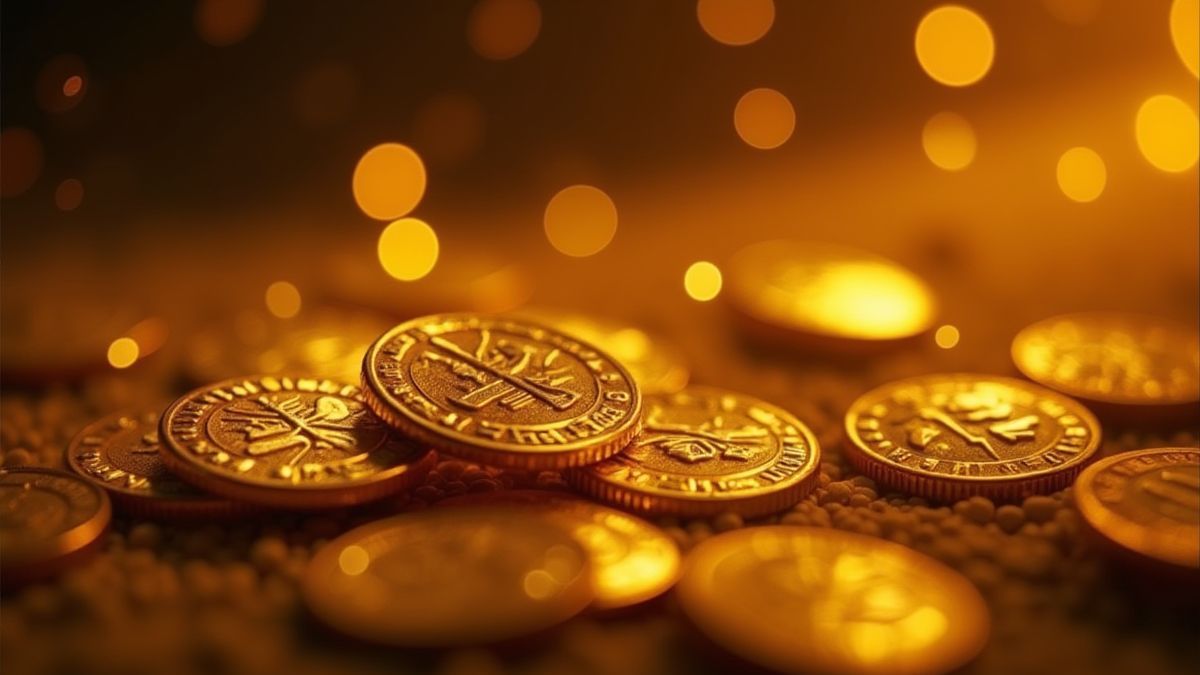 Monedas doradas y símbolos jeroglíficos brillando.
