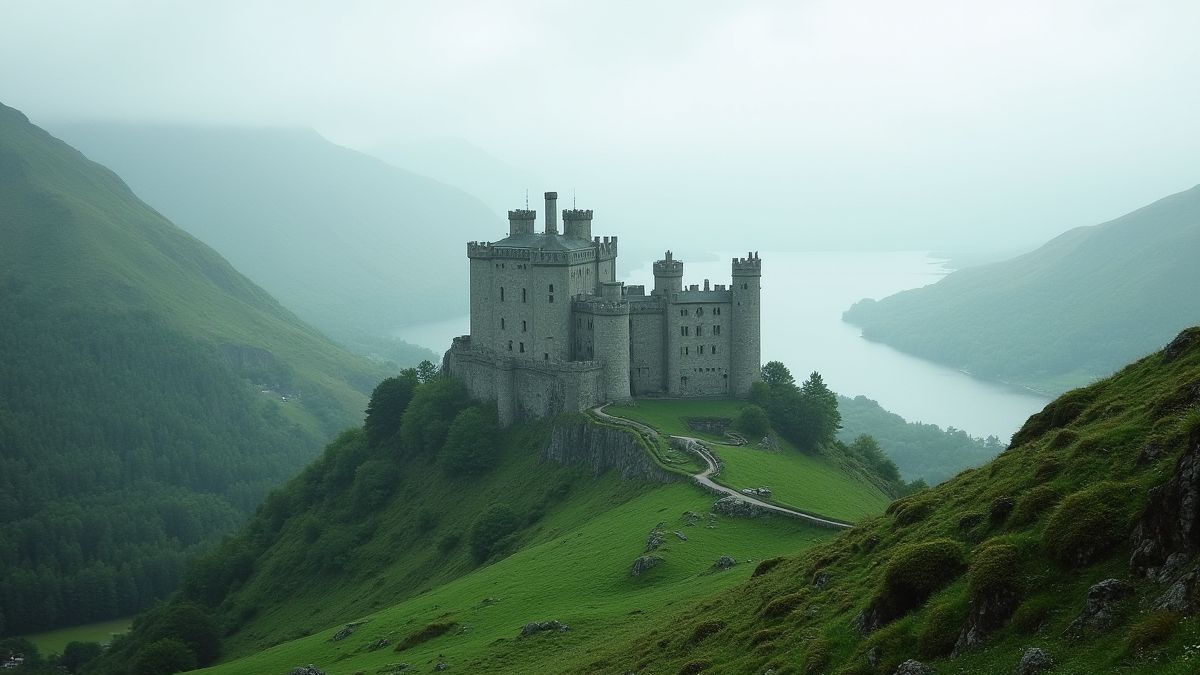 Medieval castle surrounded by green hills and cloudy sky.